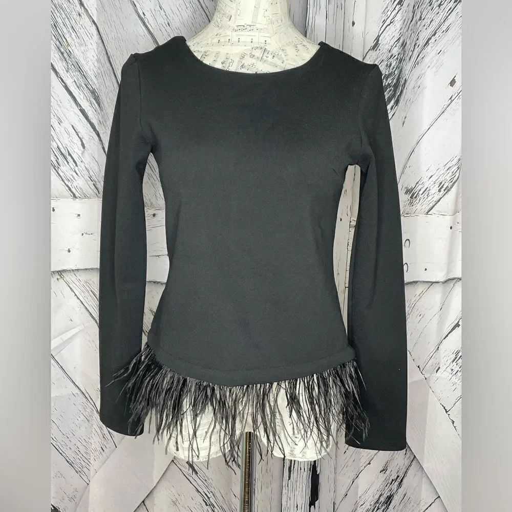 BALMAIN Paris stretch long sleeve top feather trim S